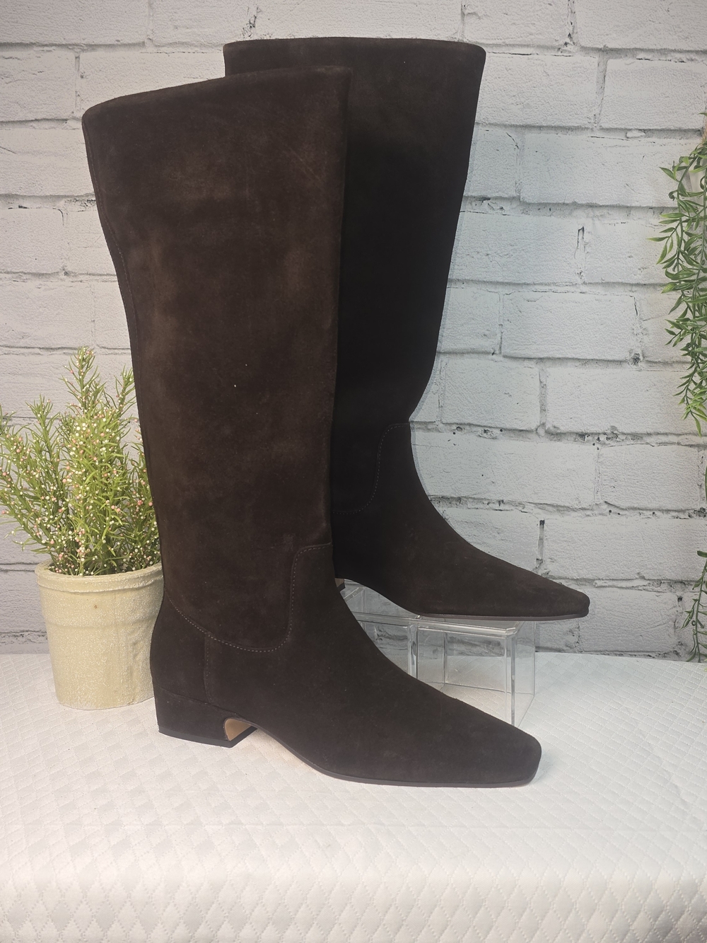 STEVE MADDEN DANTELLE TALL BOOTS RICH BROWN SUEDE SQUARE TOE BLOCK HEEL 8/9